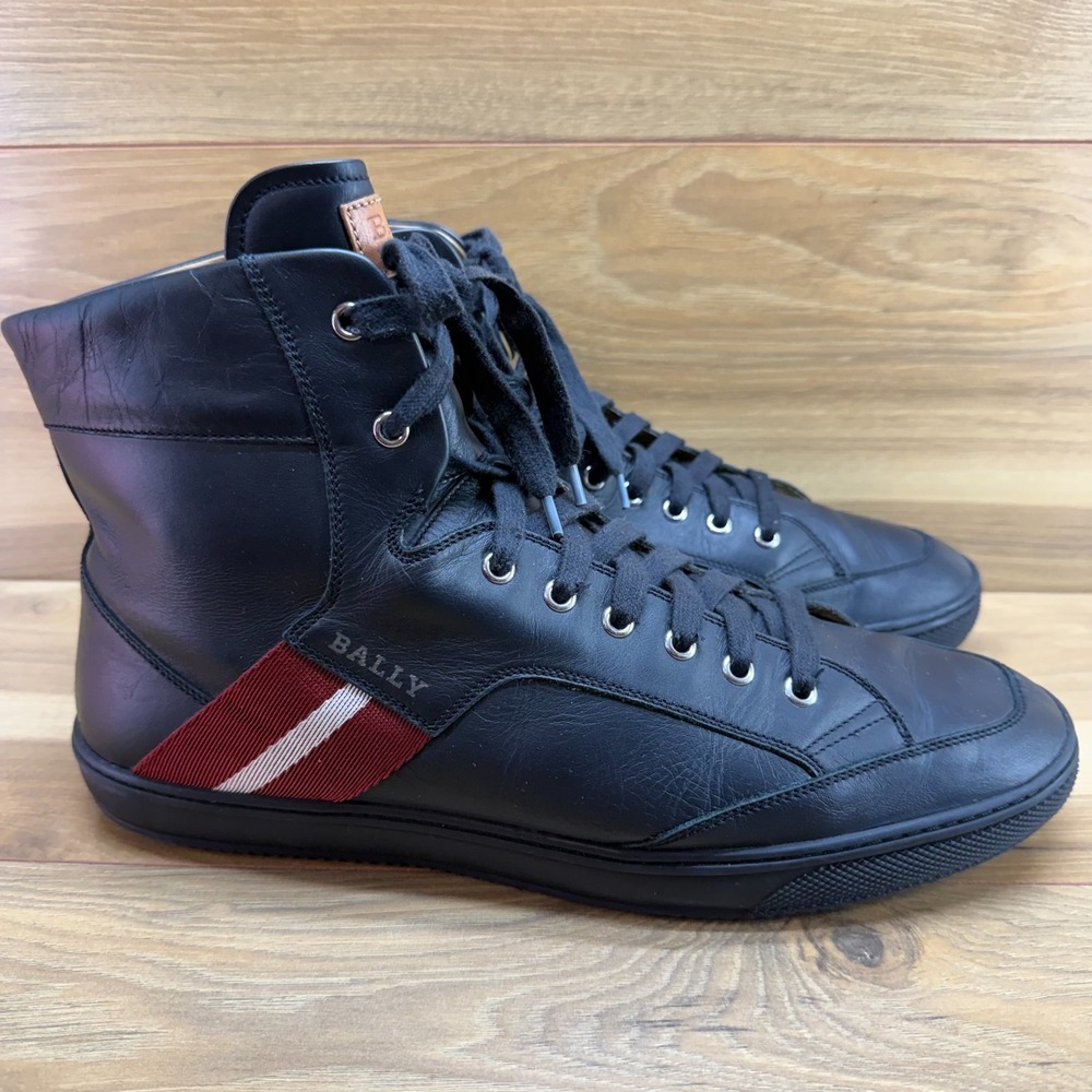 BALLY Oldani High Top Sneakers Mens 12 D Black Leather Varsity Stripe Swiss Made